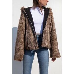 Subdued Hooded Jacket Womens M Brown Faux Fur Fluffy Full Zip Soft Elegant Coat